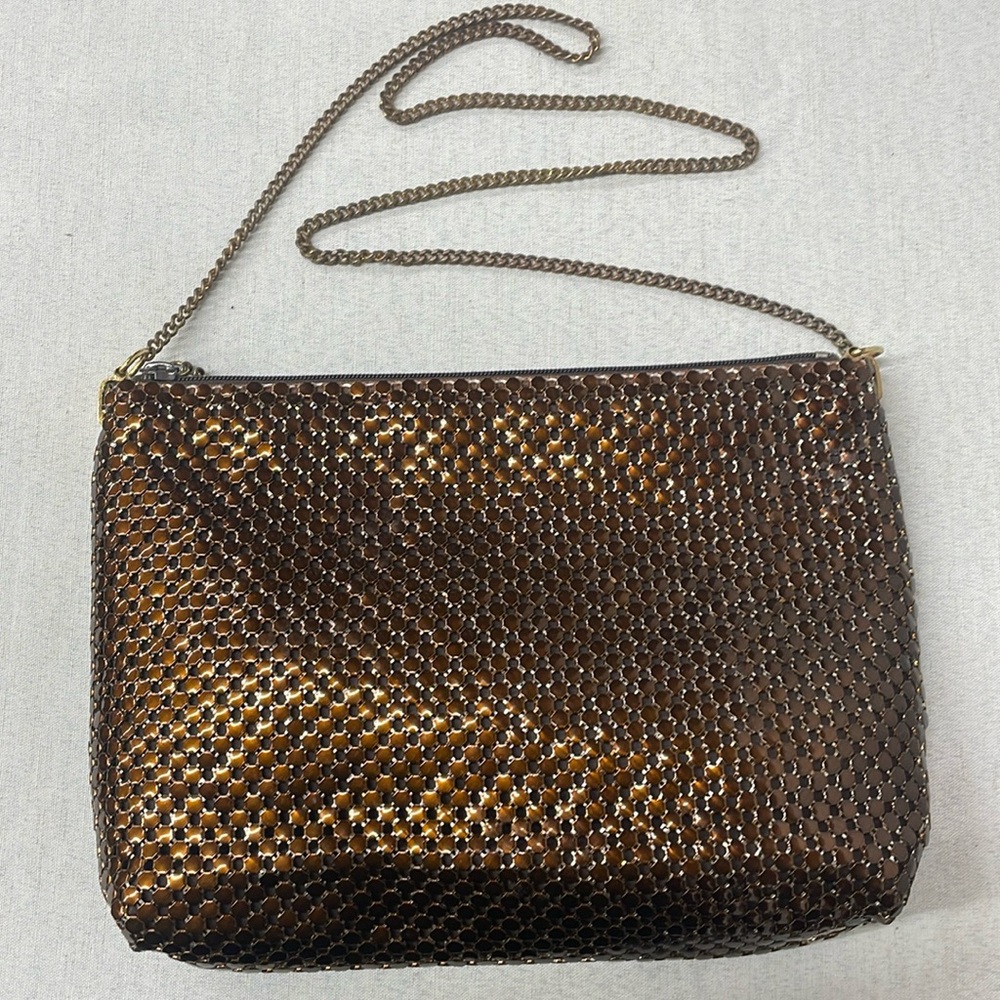 Vintage Whiting and Paris brown metal mesh shoulder purse with metal strap.